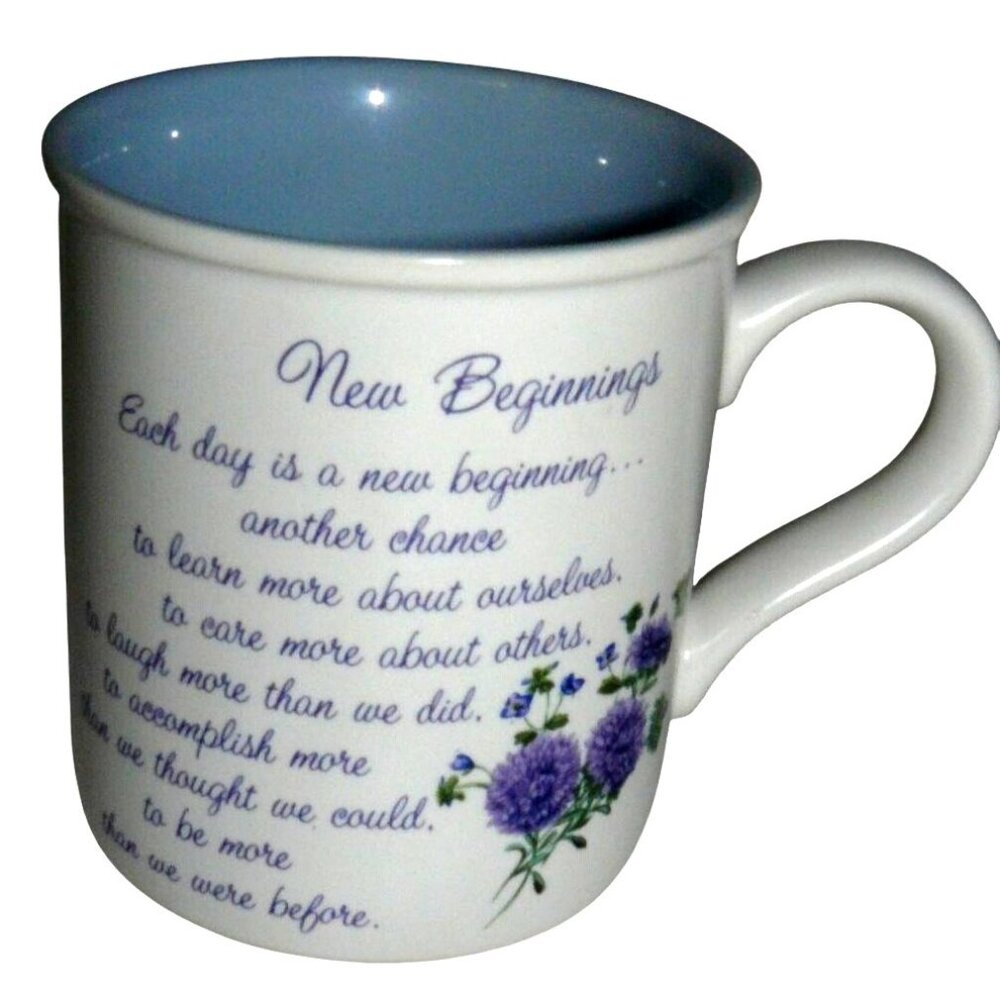 New Beginnings Inspirational Stoneware Mug Cup White Light Blue Purple Floral